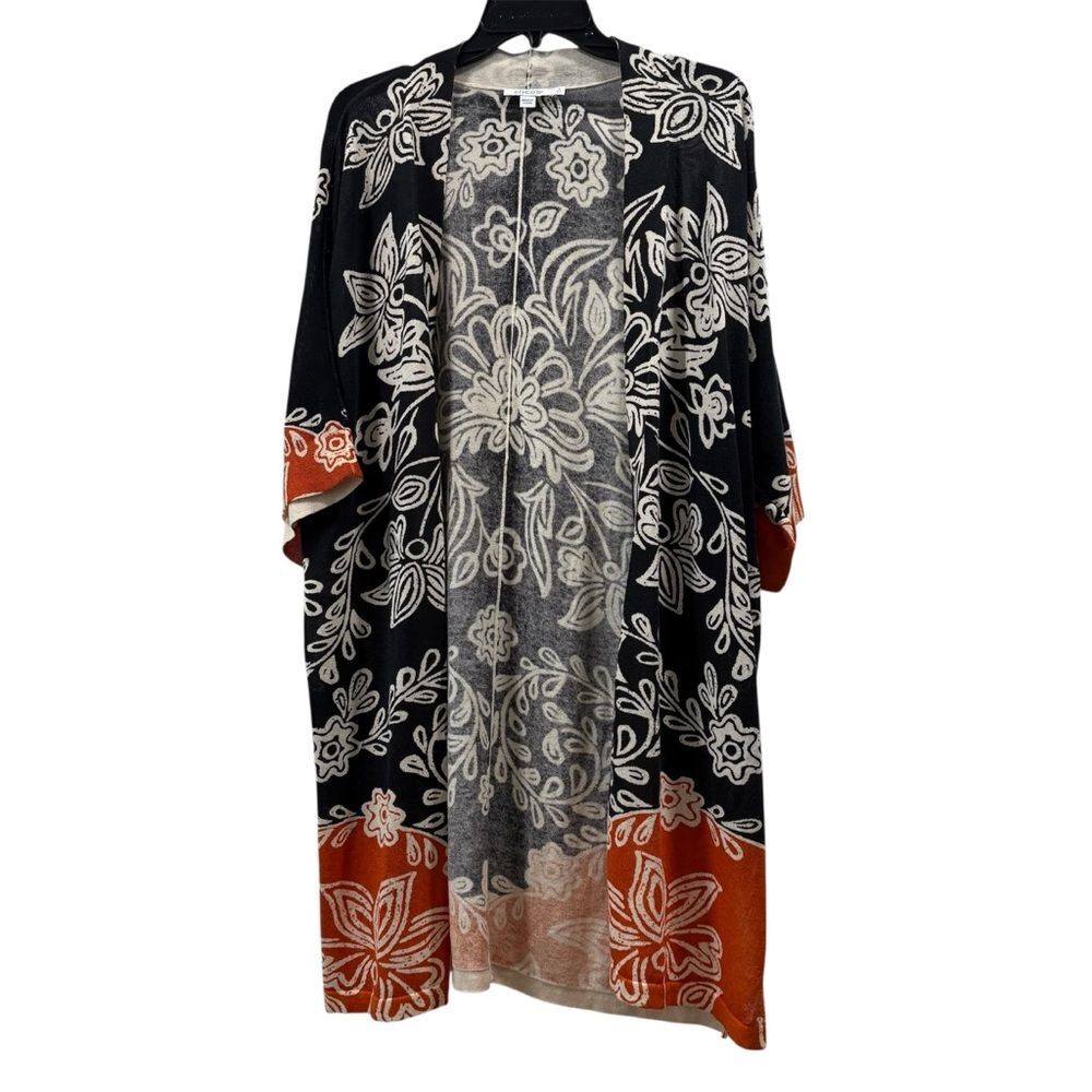 Chico's Orange Black Floral Long Open Cardigan Size 2 (US L)